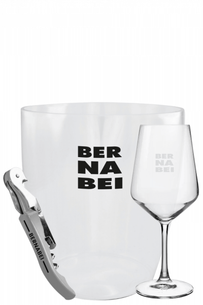 1 cavatappi Bernabei grigio + 1 glacette classic logo nero + 1 set 6 calici da vino