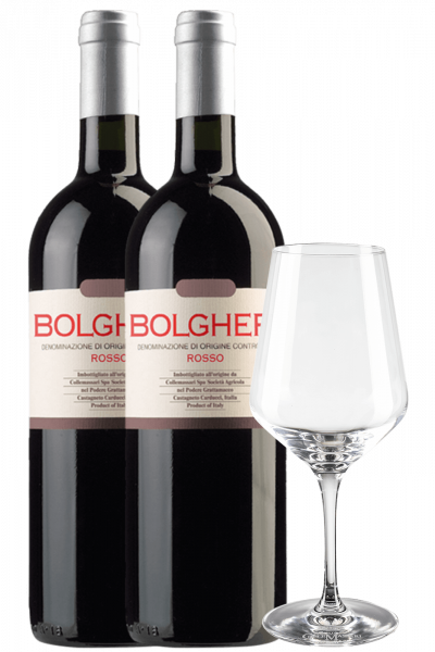2 Bottiglie Bolgheri Rosso DOC 2022 Grattamacco + 6 bicchieri ColleMassari