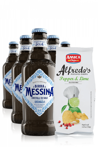 Birra Messina Cristalli Di Sale Da 24 x 33cl + Amica Chips Pepper & Lime Alfredo's 3 x 150gr