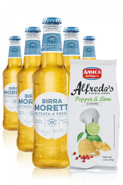 Birra Moretti Filtrata A Freddo da 24 x 30cl + Amica Chips Pepper & Lime Alfredo's 3 x 150gr