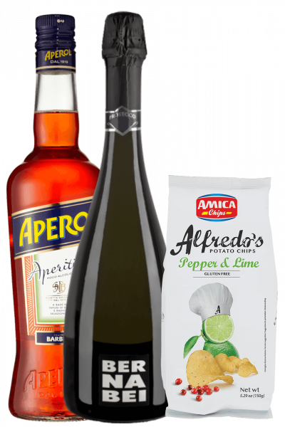Aperitivo Aperol 1Litro + Prosecco DOC 2022 Bernabei + Amica Chips Pepper &  Lime Alfredo's 3 x 150gr