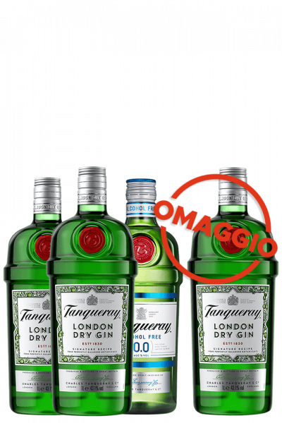 3 Gin London Dry Tanqueray 1Litro + 1 Tanqueray 0.0 Alcohol Free 70cl + OMAGGIO 1 Gin London Dry Tanqueray 1Litro